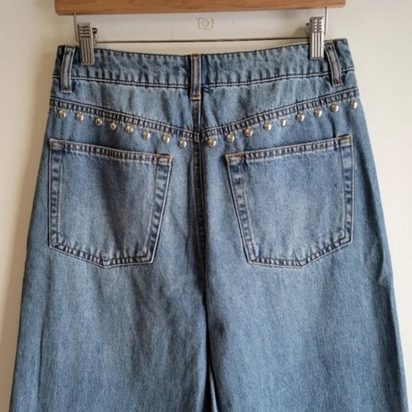 NWT HOUSE OF HARLOW 1960 Wide Leg High Waist Studded Blue Denim Jeans 6 - Picture 4 of 8